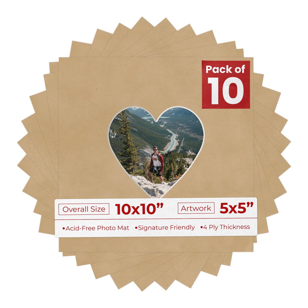 Beige Suede Mat Board for 10x10 Frames - Heart Opening for 5x5 Photos